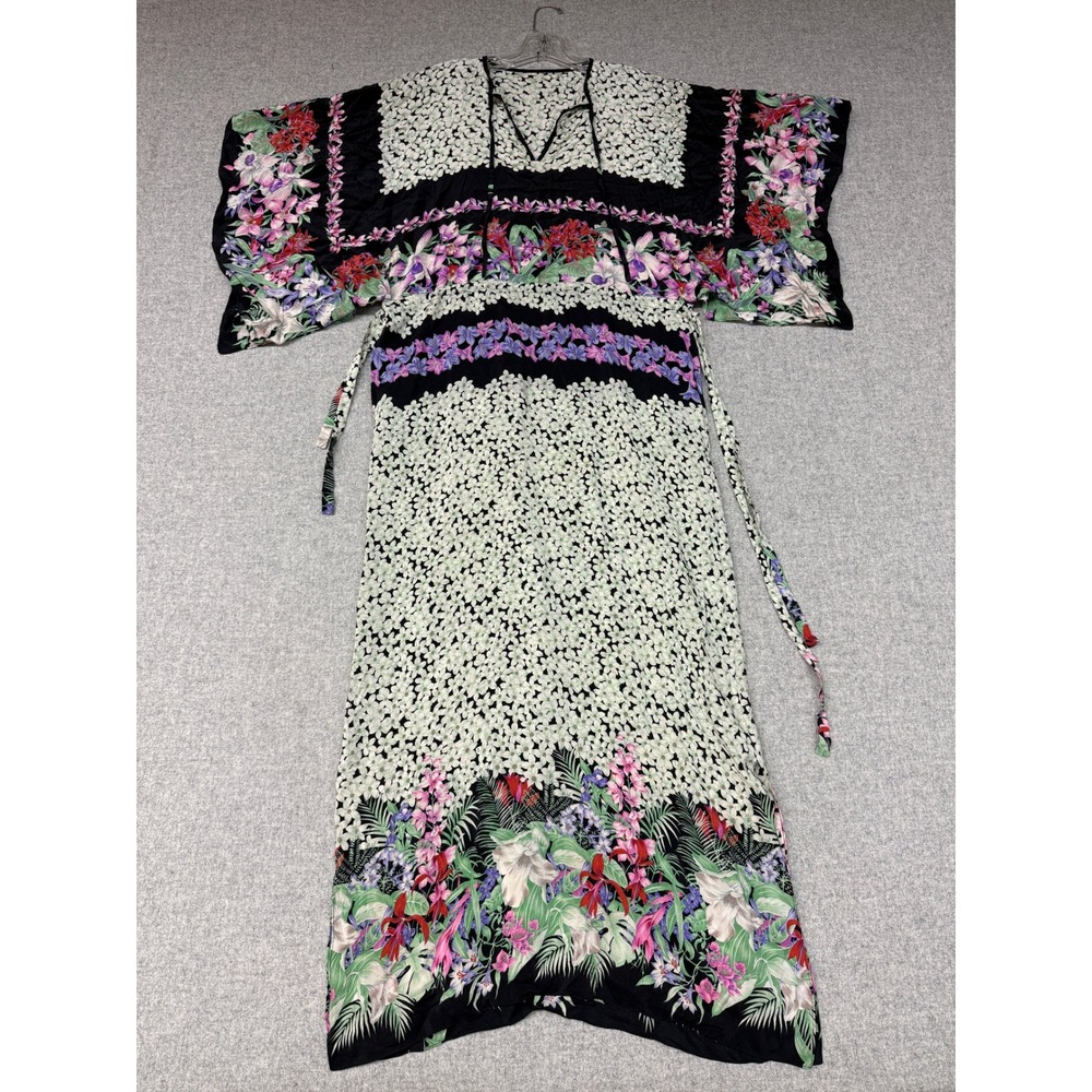 Unbranded Floral Kaftan Maxi Dress OS Black Tropical Kimono Sleeve V-Neck Tie